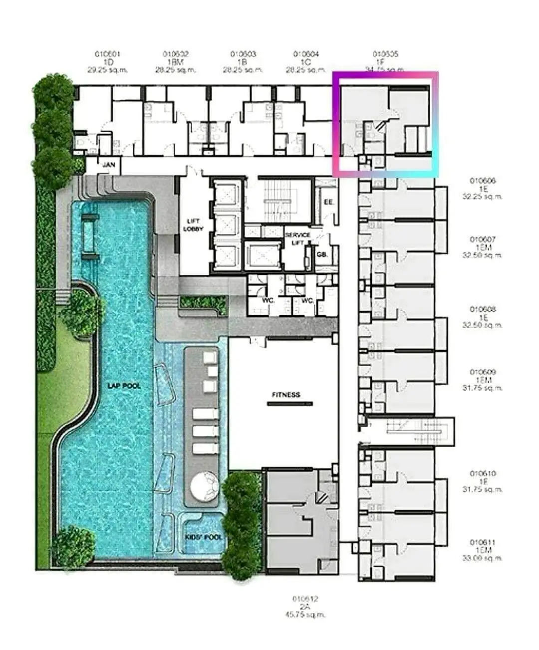 Modern apartment floor plan with pool and fitness center layout.