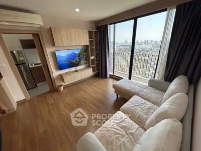 Modern living room with city view and large balcony in high-rise apartment
