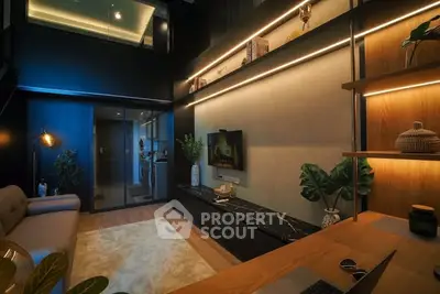 Luxurious modern living room with ambient lighting and stylish decor