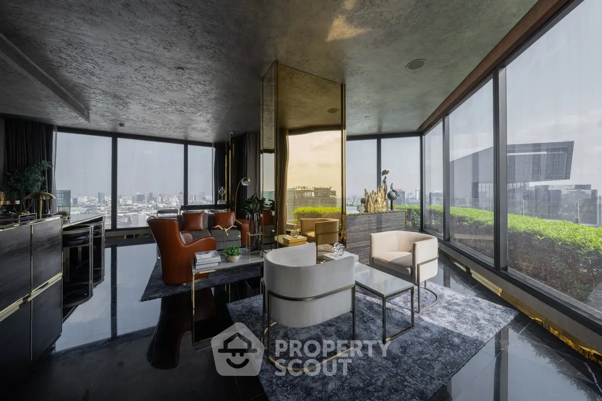 Luxurious corner unit living room with panoramic city views and elegant modern furnishings.