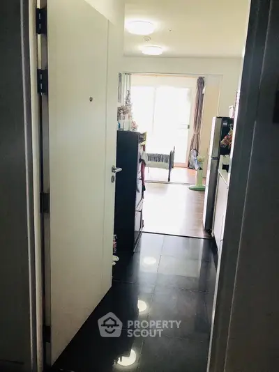 Charming apartment entrance with sleek black tile flooring and bright natural light.