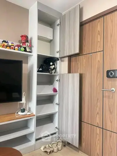 Modern living room with stylish storage cabinets and TV setup