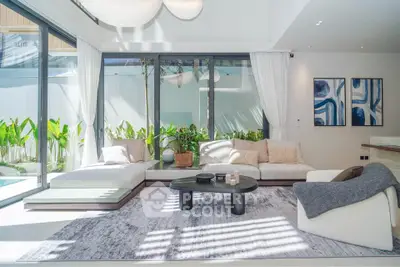 Luxurious modern living room with large windows and stylish decor
