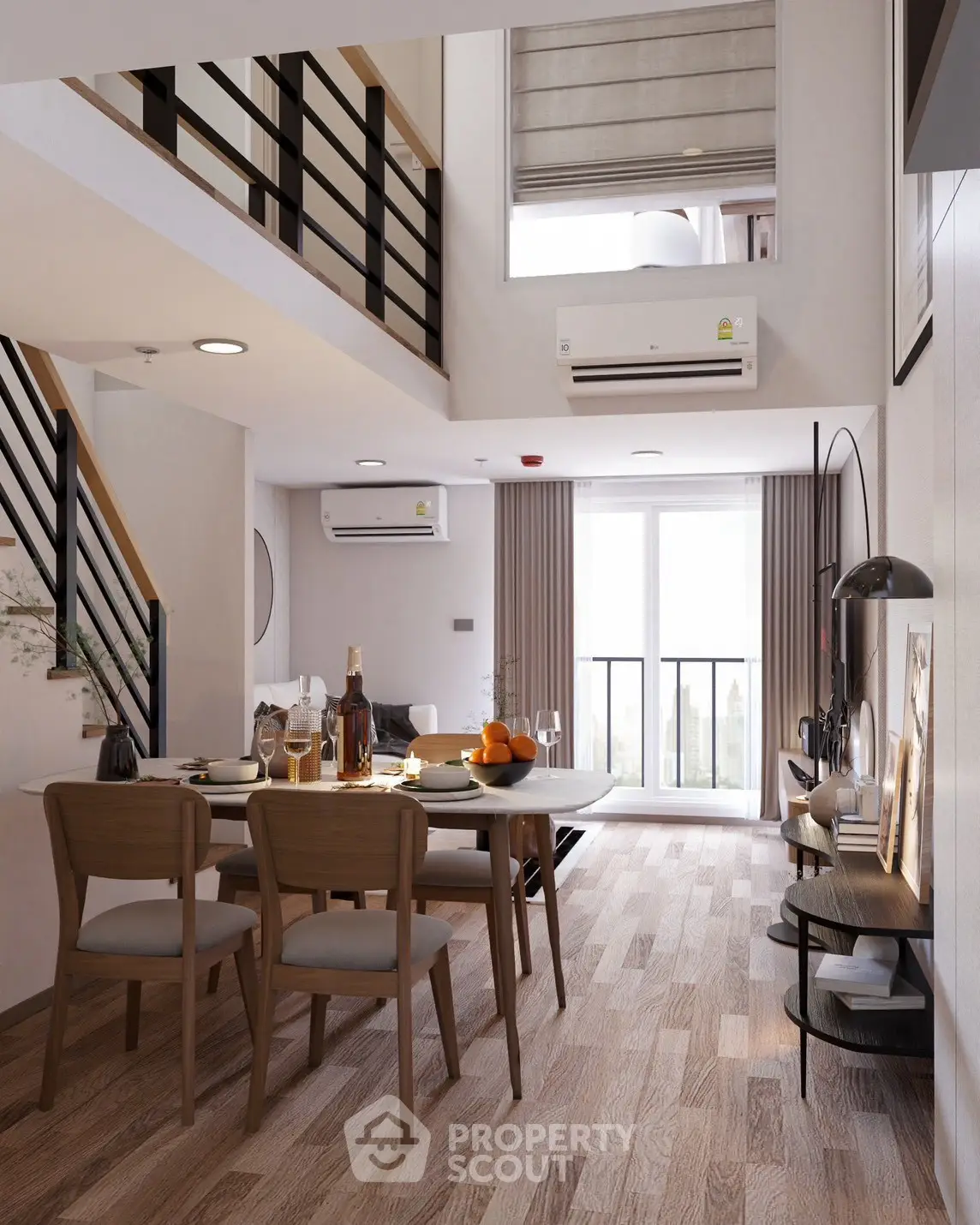 Modern duplex interior with dining area and large windows