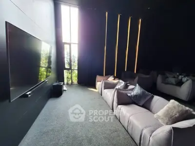 Luxurious home theater room with plush seating and large screen, perfect for entertainment.