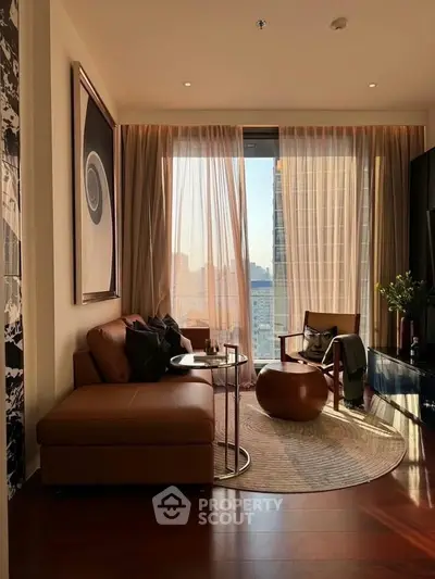 Stylish living room with modern decor and city view, featuring leather sofa and elegant furnishings.