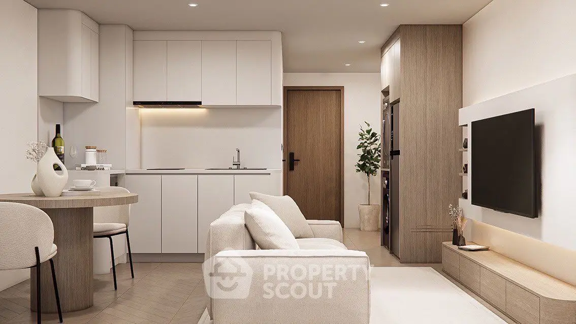 Modern open-plan living room and kitchen with sleek design and neutral tones.