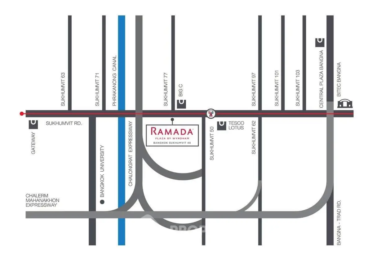 Map showing location of Ramada Hotel near Bangkok University and major expressways.