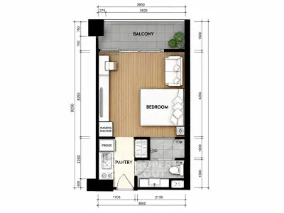 Modern studio apartment floor plan with balcony and efficient layout.