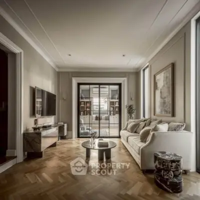 Luxurious living room with elegant parquet flooring and modern decor