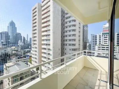 Spacious balcony with city skyline view in modern high-rise apartment