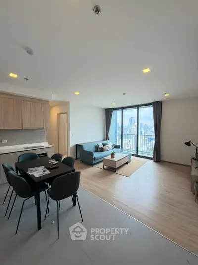 Spacious modern living room with city view and open layout