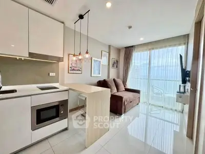 Modern open-layout living room with kitchen and stunning city view