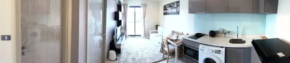 Modern compact apartment with open kitchen and cozy living area, featuring washing machine and stylish decor.