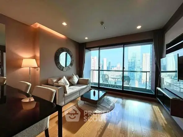 Luxurious living room with stunning city view and modern decor