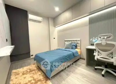 Modern bedroom with stylish decor and cozy ambiance, featuring a comfortable bed and sleek furniture.
