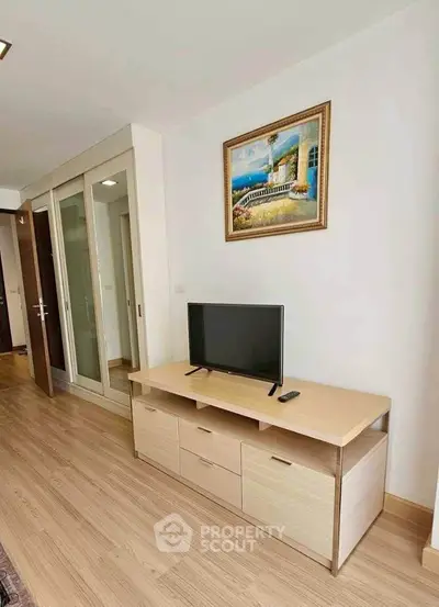 Modern living room with sleek TV stand and elegant decor