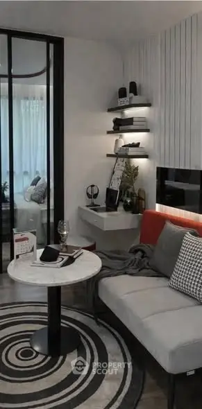 Modern living room with stylish decor and cozy seating area