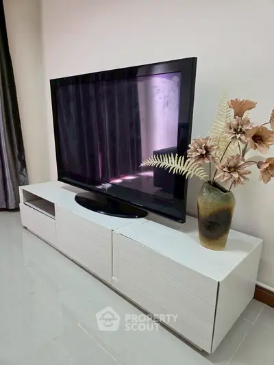 Modern living room with sleek TV stand and decorative vase