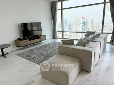 Luxurious living room with panoramic city view and modern furnishings