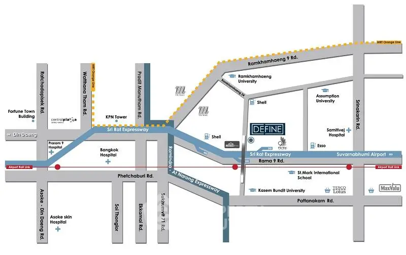 Map showing real estate location near major roads and landmarks in Bangkok.