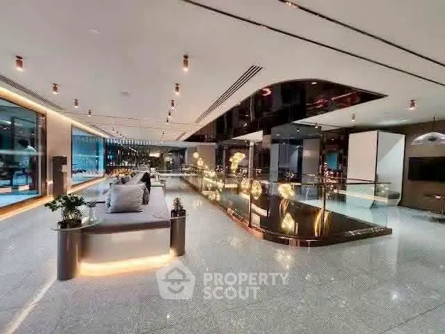 Luxurious modern living room with sleek design and ambient lighting