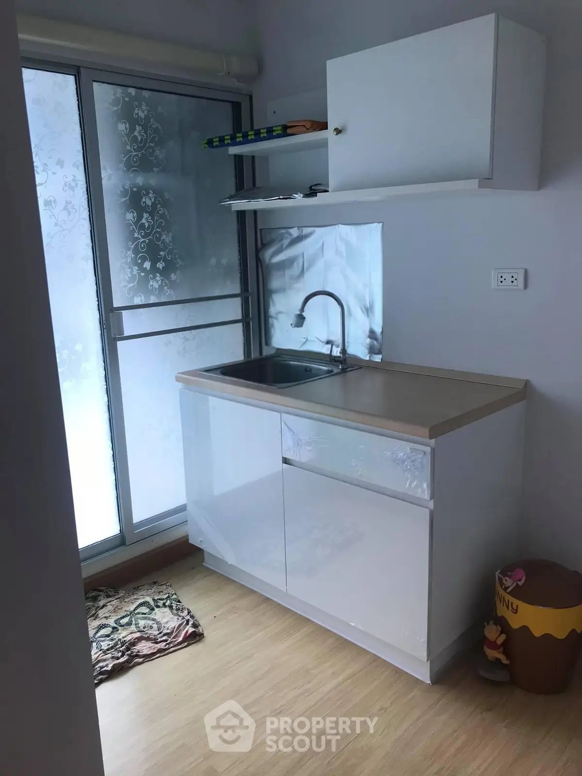 Compact kitchen with modern cabinetry and frosted glass door