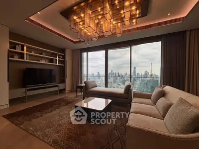 Luxurious living room with stunning city skyline view, elegant lighting, and modern furnishings.