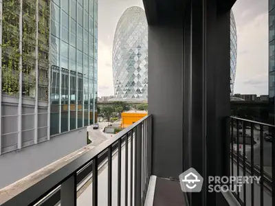 Modern balcony with cityscape view of iconic architecture and urban skyline