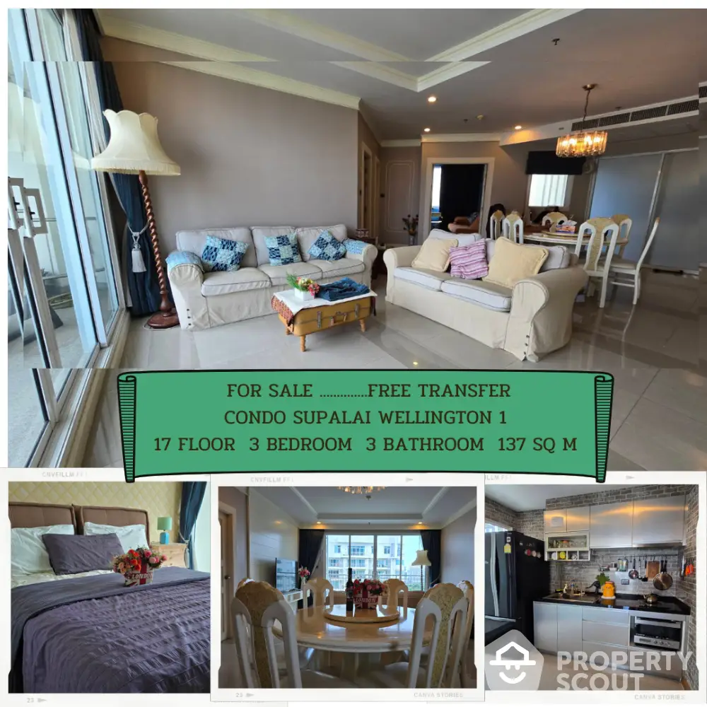 Spacious condo for sale with elegant living room, modern kitchen, and cozy bedrooms in Supalai Wellington 1.