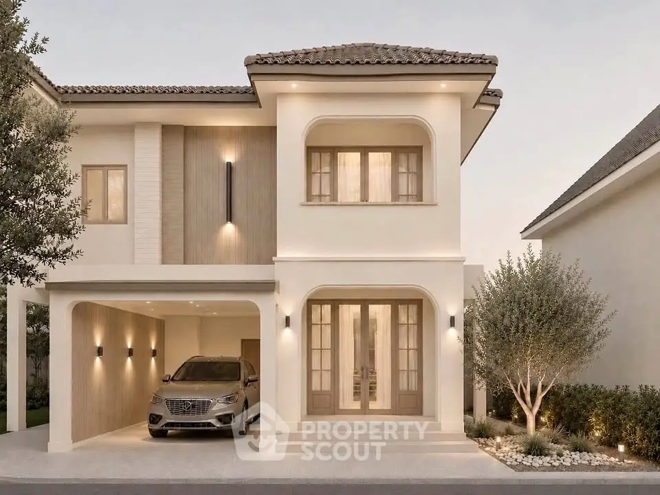 Elegant two-story house with modern architecture and attached garage in a serene neighborhood.