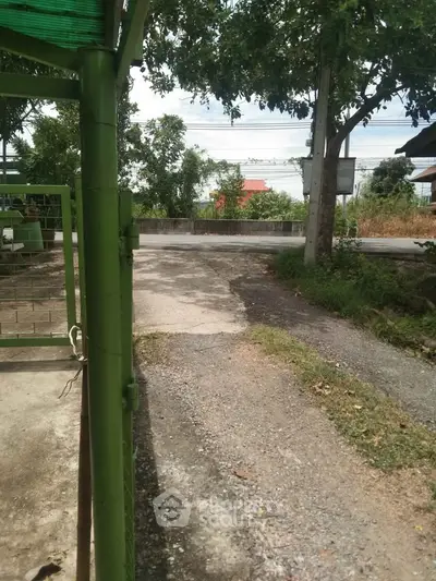 Charming rural property entrance with lush greenery and a quiet road view.