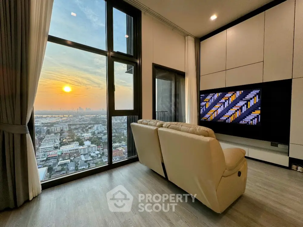Luxurious living room with stunning city view and modern decor