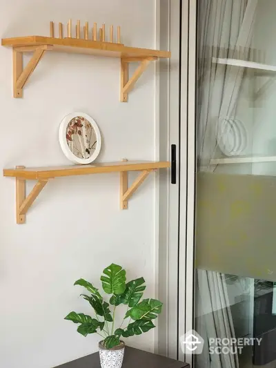 Modern interior with wooden shelves and potted plant near glass door