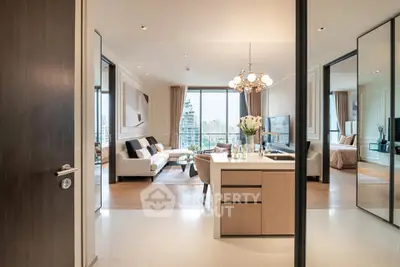 Luxurious open-plan living room with modern decor and stunning city view.