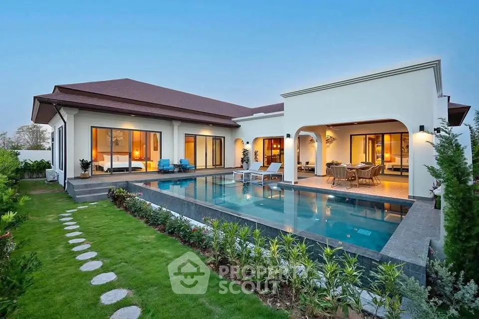 Luxurious modern villa with private pool and lush garden, perfect for serene living.