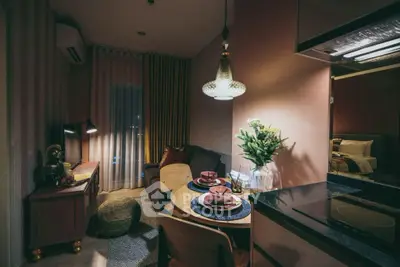 Cozy modern living room with dining area and ambient lighting