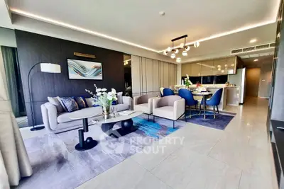 Luxurious modern living room with elegant decor and open kitchen layout