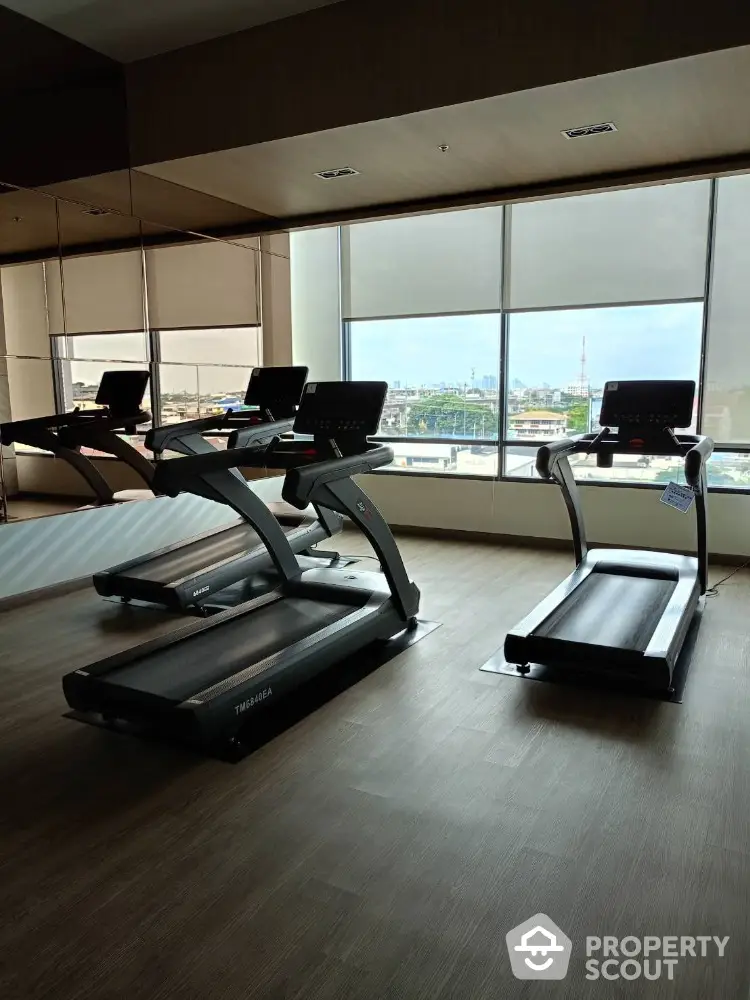 Modern gym with treadmills and city view through large windows