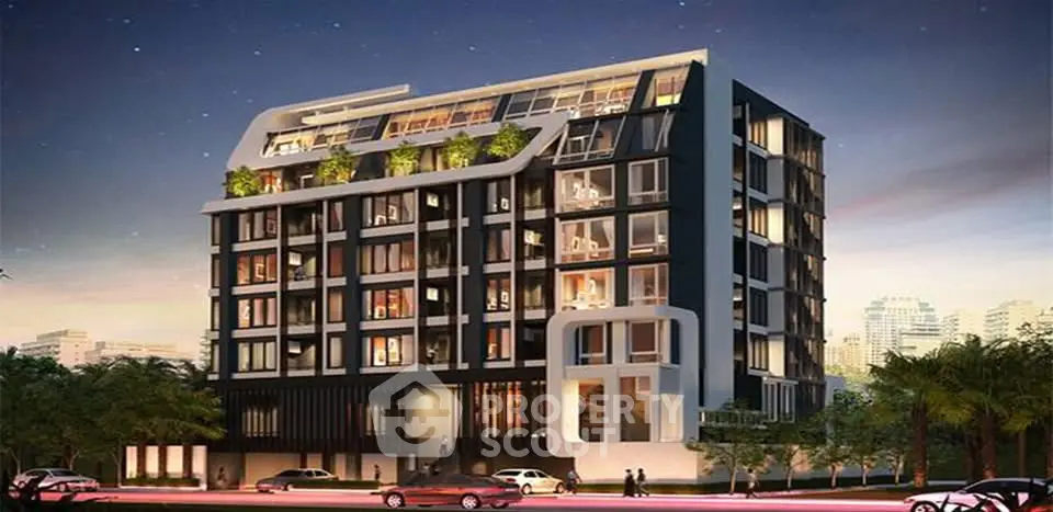 Modern urban apartment building with unique architectural design and lush greenery.