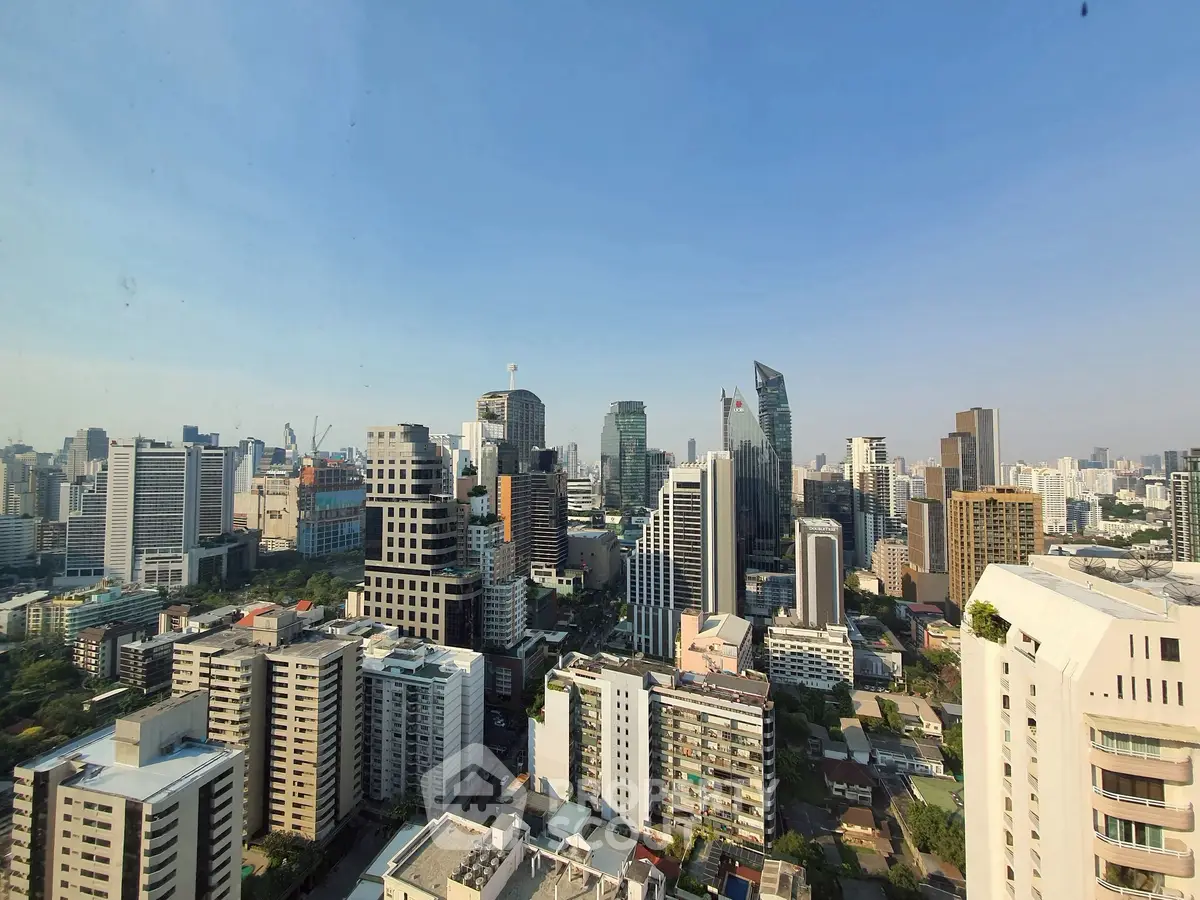 Stunning cityscape view of modern skyscrapers under a clear blue sky
