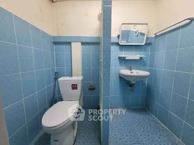 Compact blue-tiled bathroom with toilet and sink, ideal for small spaces.