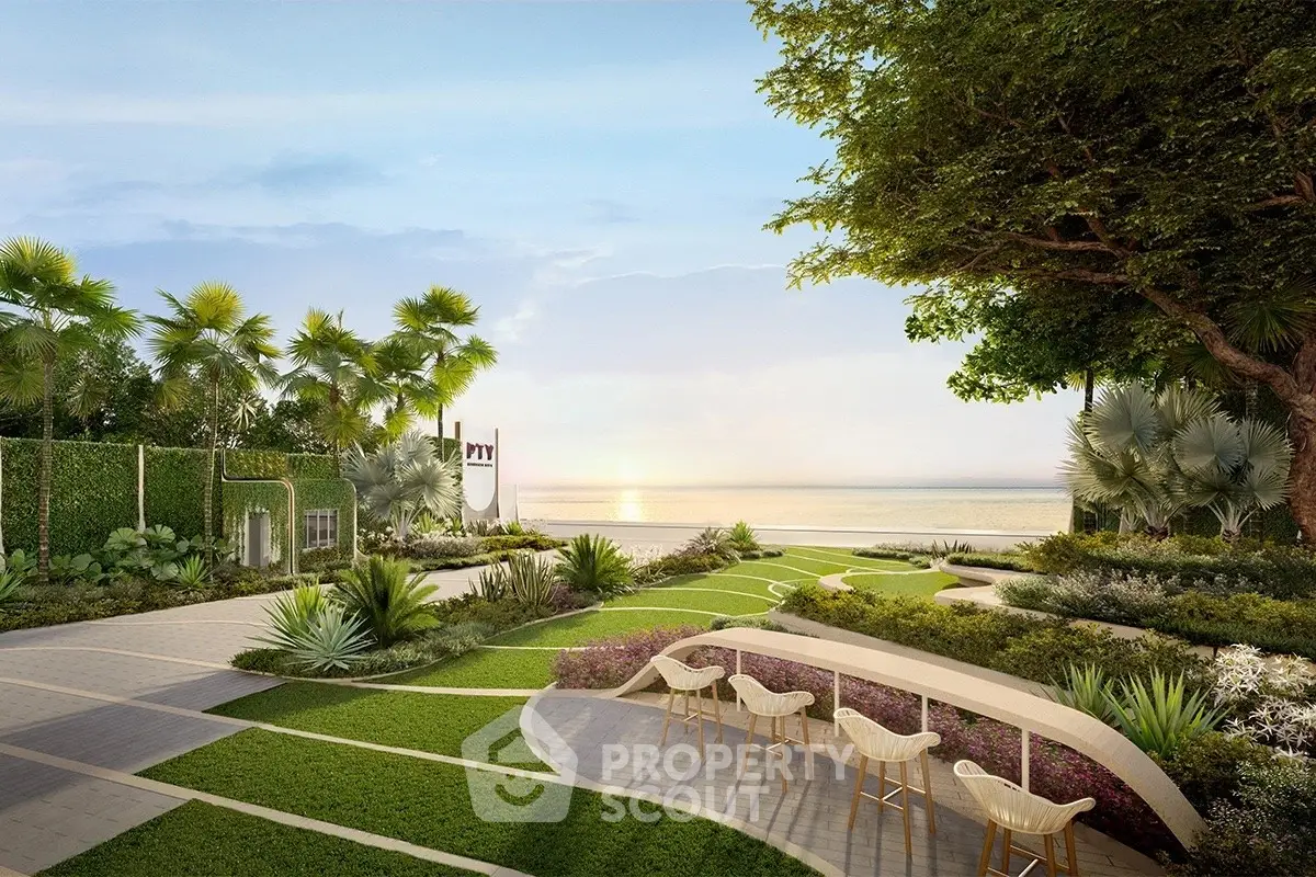Luxurious beachfront garden with stunning ocean view and modern landscaping