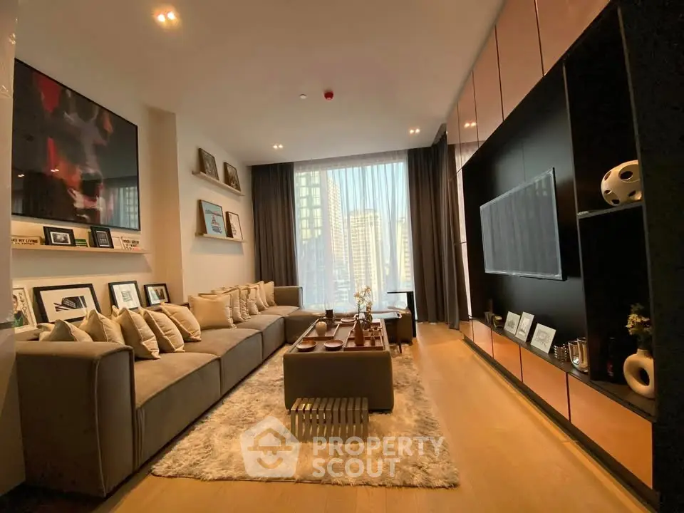 Luxurious modern living room with elegant decor and city view, perfect for urban living.