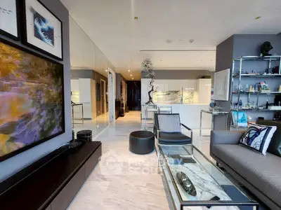 Luxurious modern living room with marble floors and stylish decor