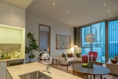 Luxurious modern living room with city view, open kitchen, and elegant decor