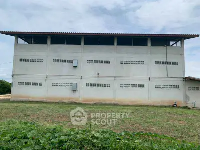Industrial warehouse exterior with spacious outdoor area and clear sky view.