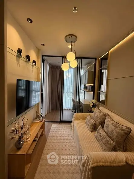 Cozy living room with elegant decor and modern lighting