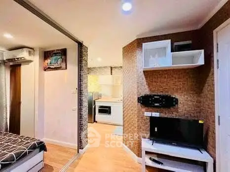 Modern apartment interior with cozy living area and stylish kitchen
