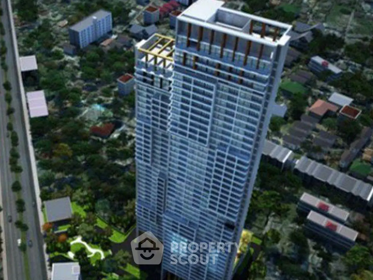 Stunning aerial view of a modern high-rise building in an urban landscape.